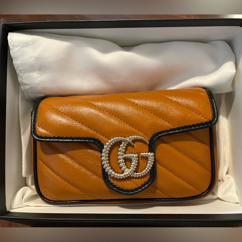 GUCCI Calfskin Matelasse Super Mini Marmont Shoulder Bag Cognac w/piping